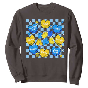World Down Syndrome Day Sweatshirt Blue Yellow Ribbon Retro Heart Love TS10 Dark Chocolate Print Your Wear