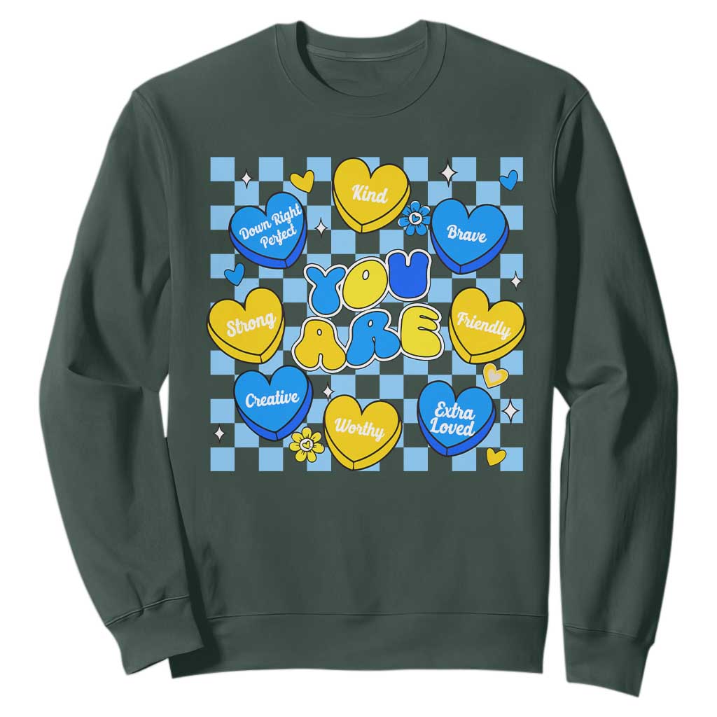 World Down Syndrome Day Sweatshirt Blue Yellow Ribbon Retro Heart Love TS10 Dark Forest Green Print Your Wear