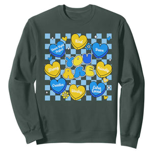 World Down Syndrome Day Sweatshirt Blue Yellow Ribbon Retro Heart Love TS10 Dark Forest Green Print Your Wear