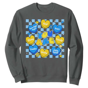 World Down Syndrome Day Sweatshirt Blue Yellow Ribbon Retro Heart Love TS10 Dark Heather Print Your Wear