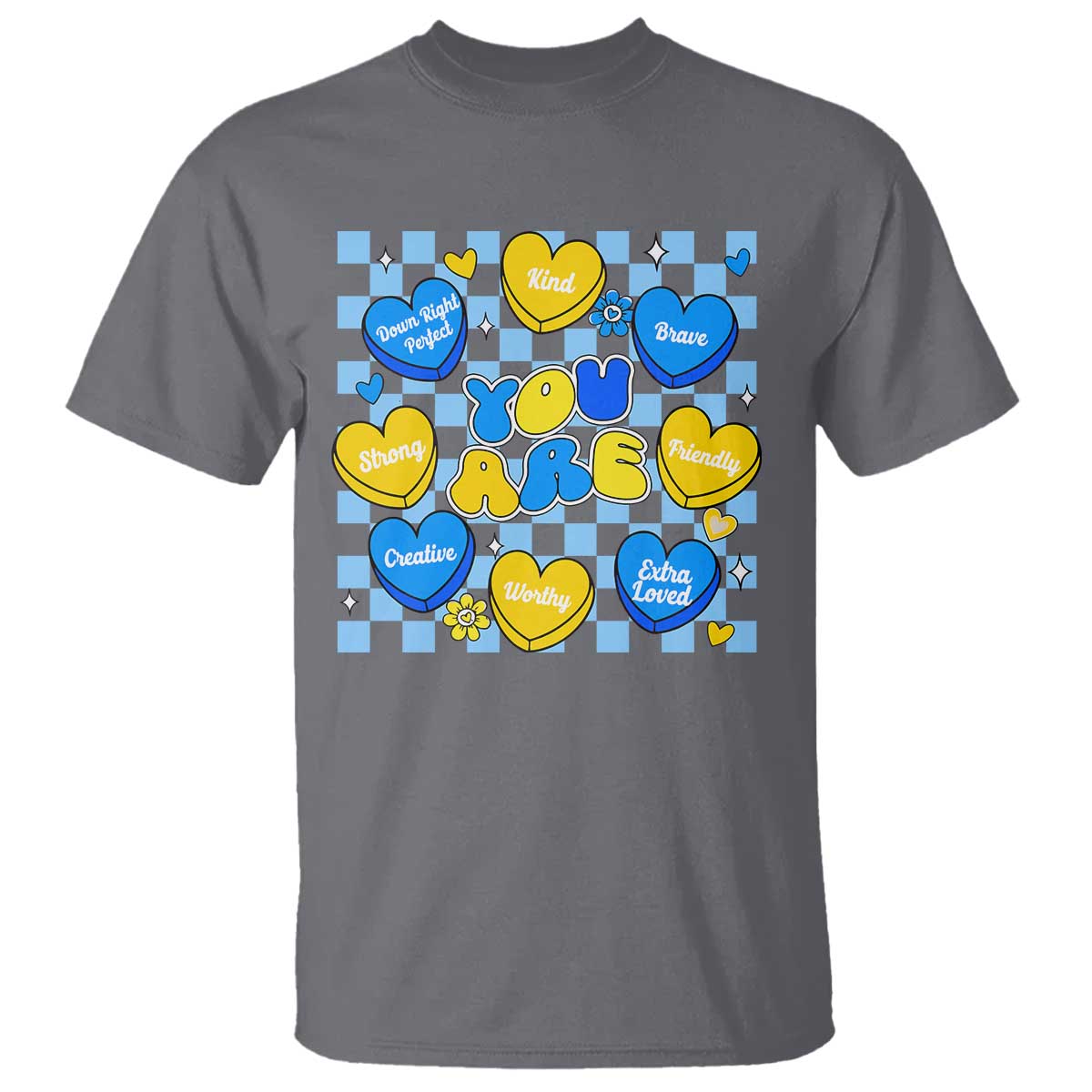 World Down Syndrome Day T Shirt Blue Yellow Ribbon Retro Heart Love TS10 Charcoal Print Your Wear