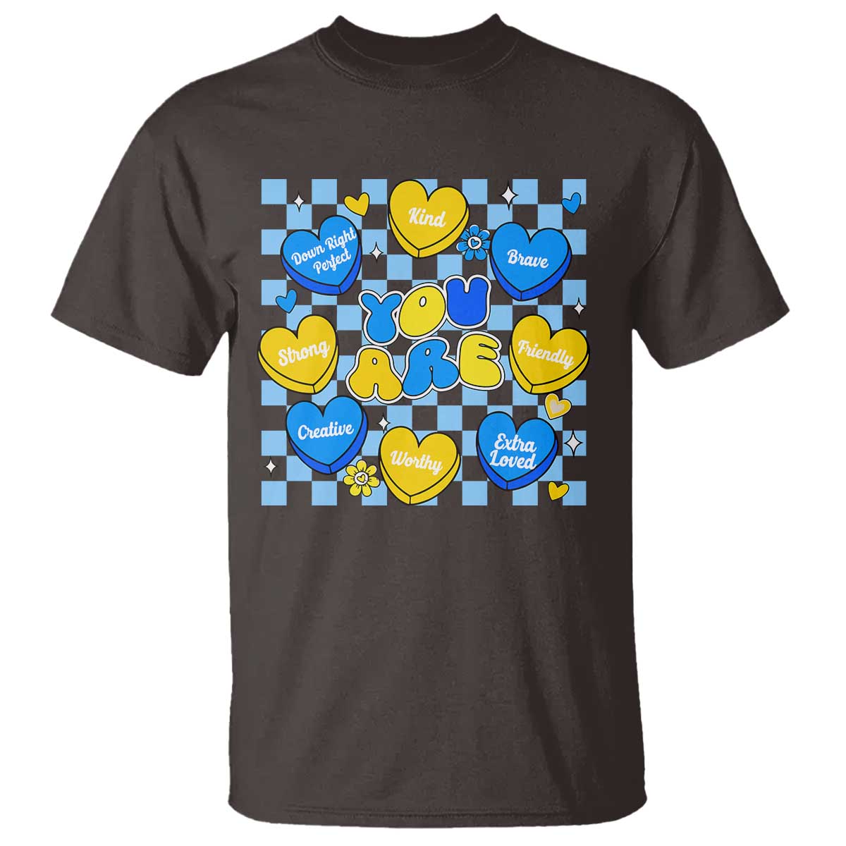 World Down Syndrome Day T Shirt Blue Yellow Ribbon Retro Heart Love TS10 Dark Chocolate Print Your Wear