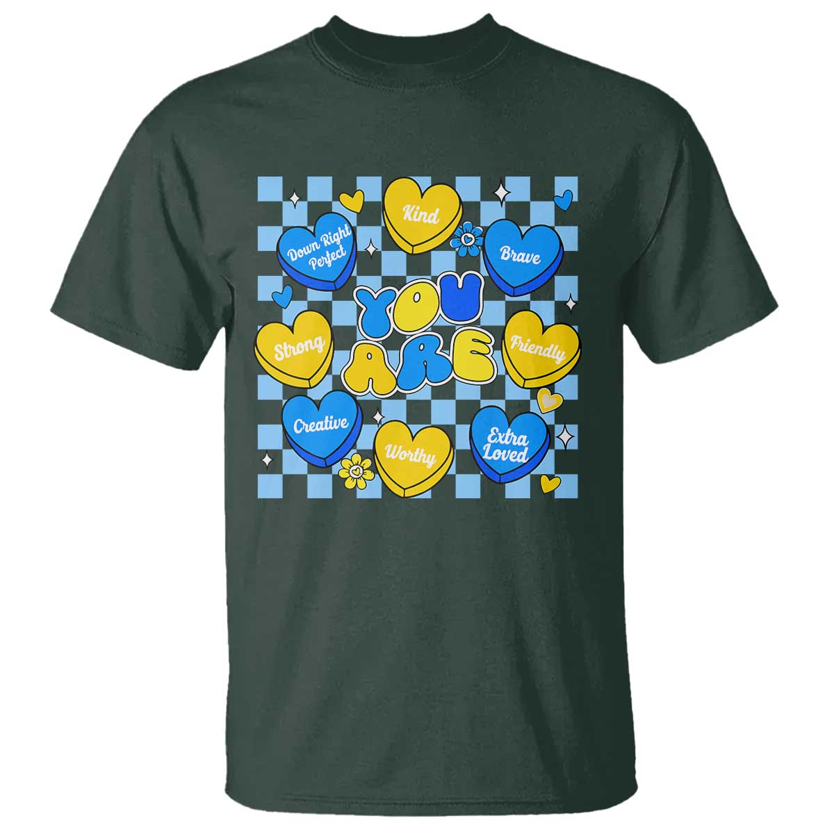 World Down Syndrome Day T Shirt Blue Yellow Ribbon Retro Heart Love TS10 Dark Forest Green Print Your Wear