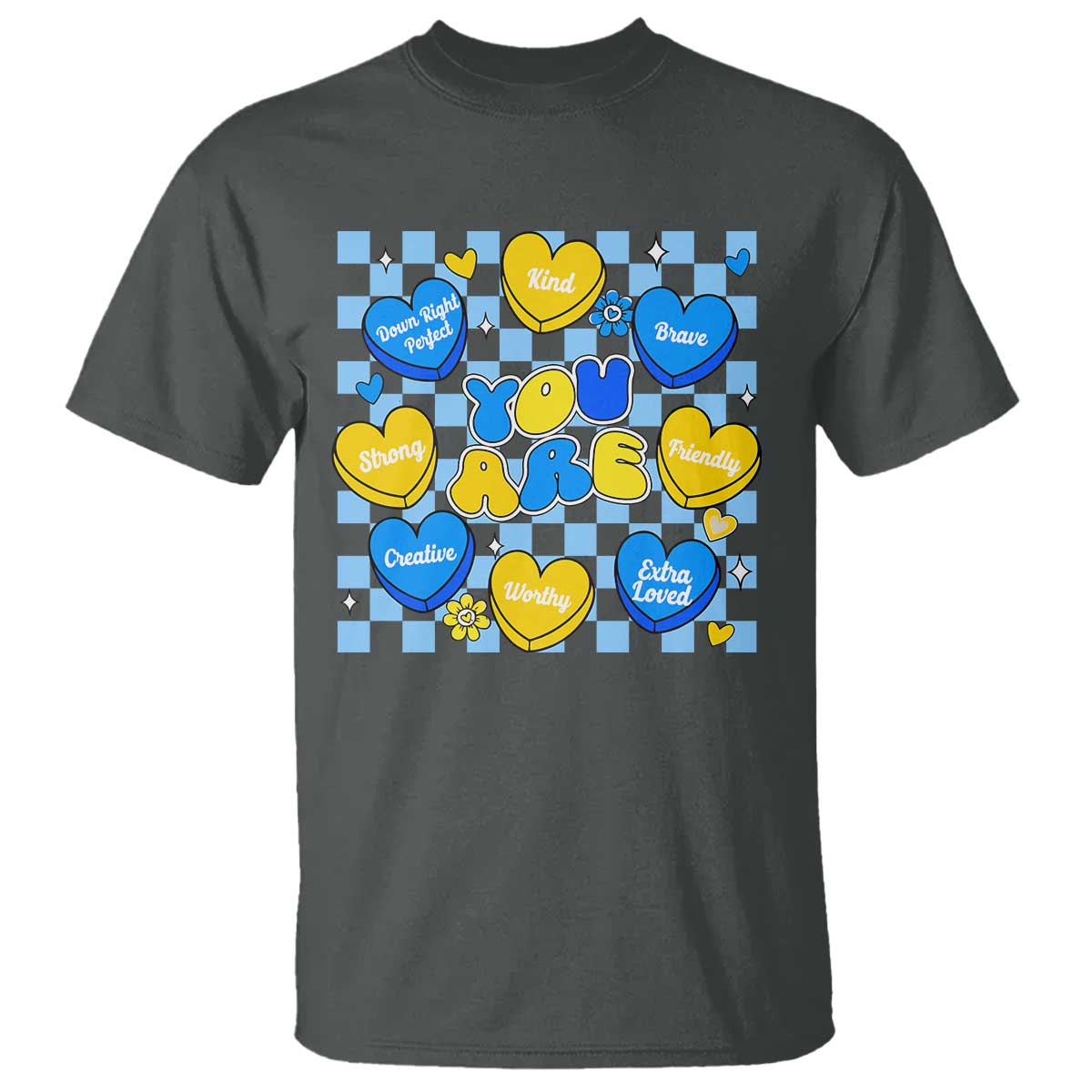 World Down Syndrome Day T Shirt Blue Yellow Ribbon Retro Heart Love TS10 Dark Heather Print Your Wear