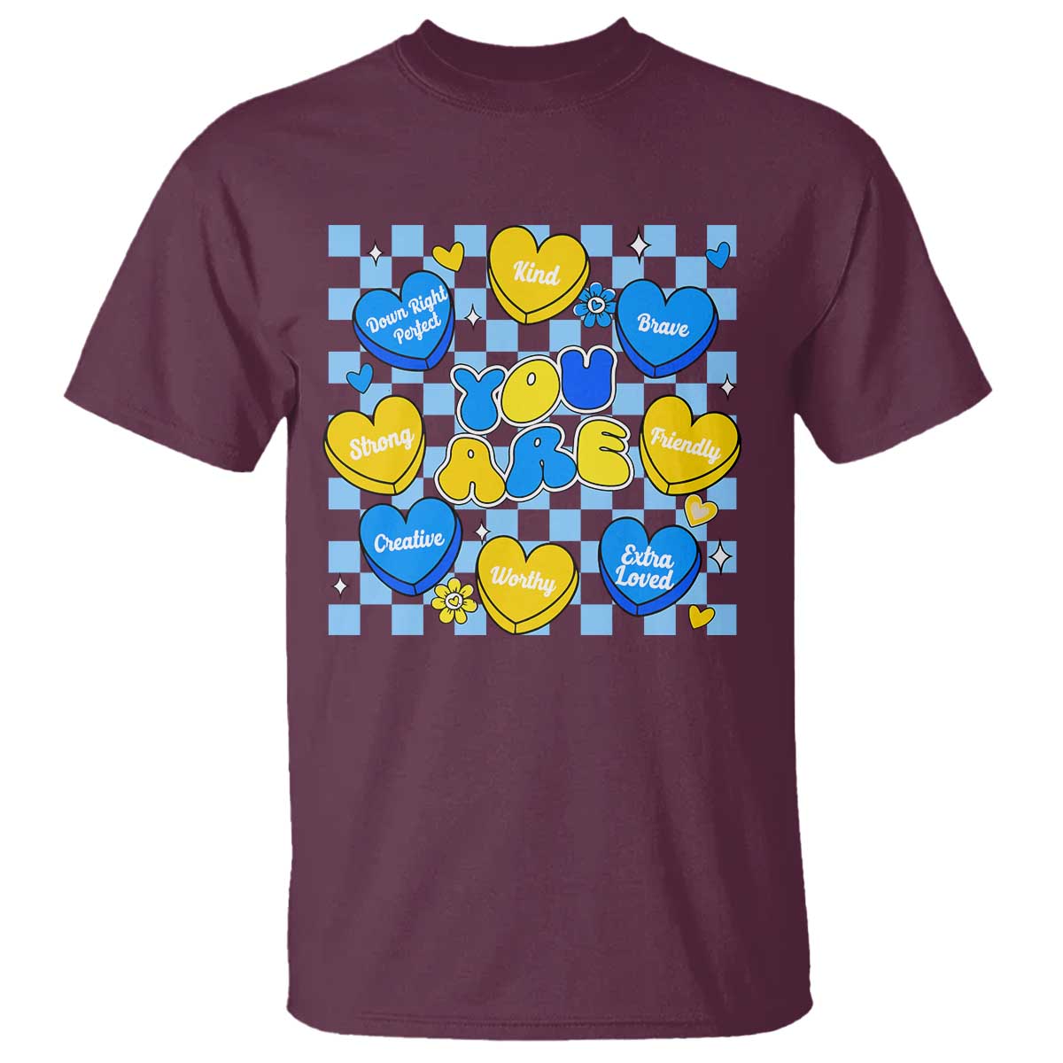 World Down Syndrome Day T Shirt Blue Yellow Ribbon Retro Heart Love TS10 Maroon Print Your Wear