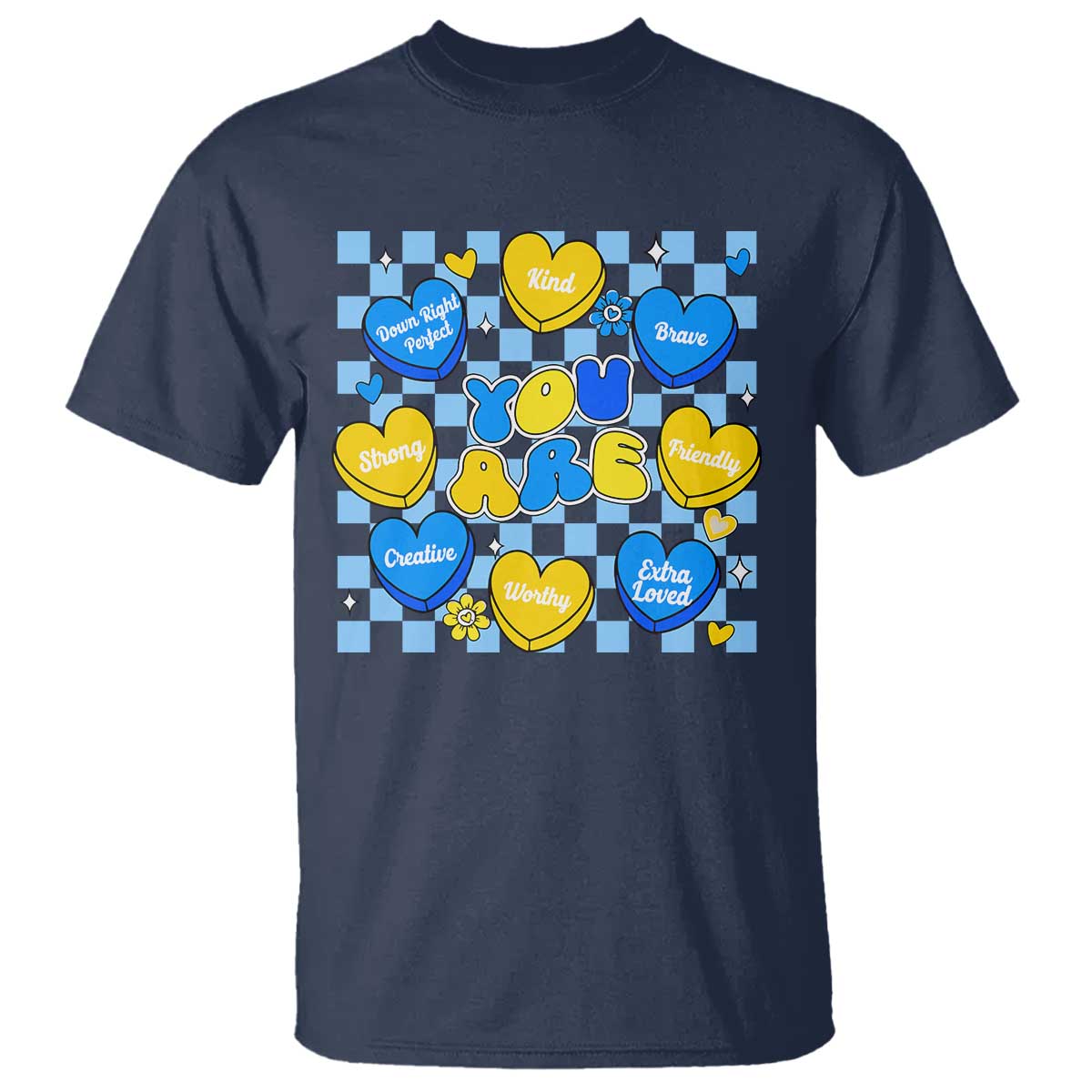World Down Syndrome Day T Shirt Blue Yellow Ribbon Retro Heart Love TS10 Navy Print Your Wear