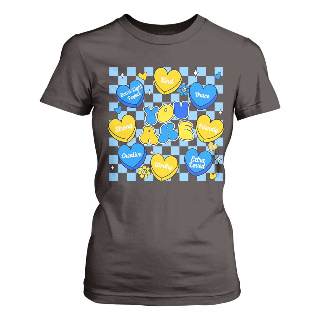 World Down Syndrome Day T Shirt For Women Blue Yellow Ribbon Retro Heart Love TS10 Dark Chocolate Print Your Wear