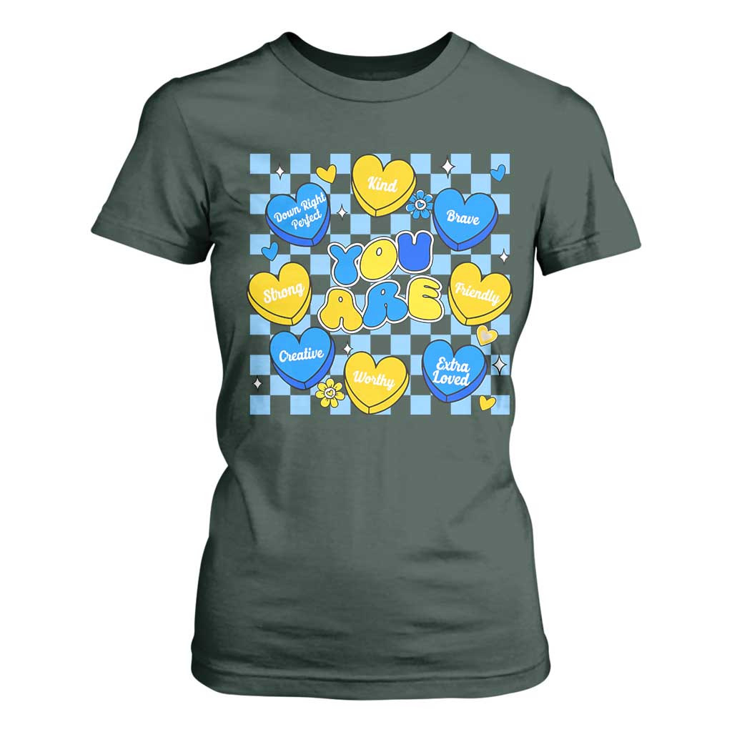 World Down Syndrome Day T Shirt For Women Blue Yellow Ribbon Retro Heart Love TS10 Dark Forest Green Print Your Wear