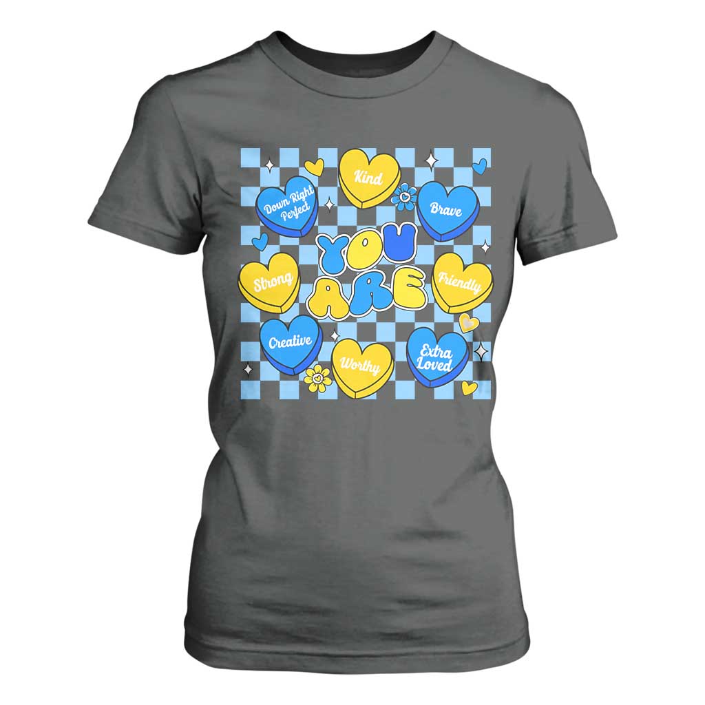World Down Syndrome Day T Shirt For Women Blue Yellow Ribbon Retro Heart Love TS10 Dark Heather Print Your Wear
