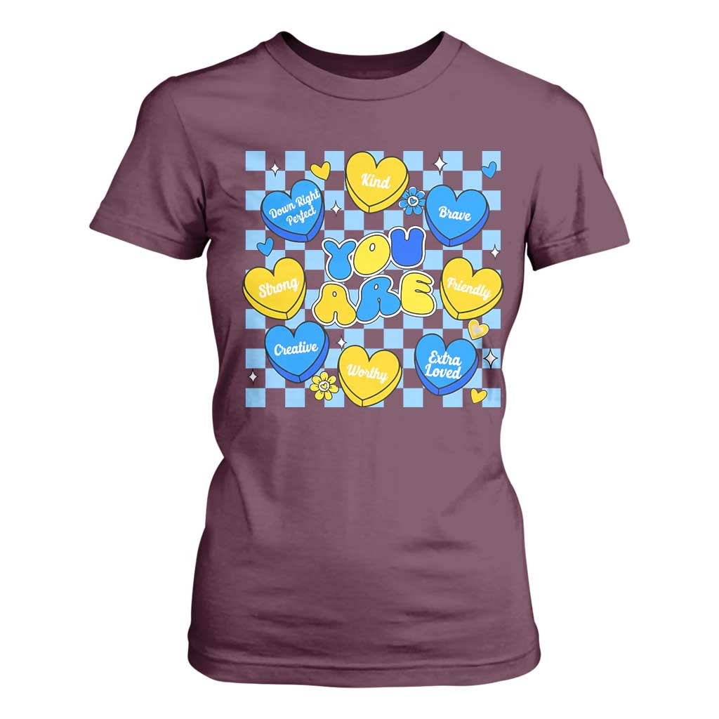 World Down Syndrome Day T Shirt For Women Blue Yellow Ribbon Retro Heart Love TS10 Maroon Print Your Wear