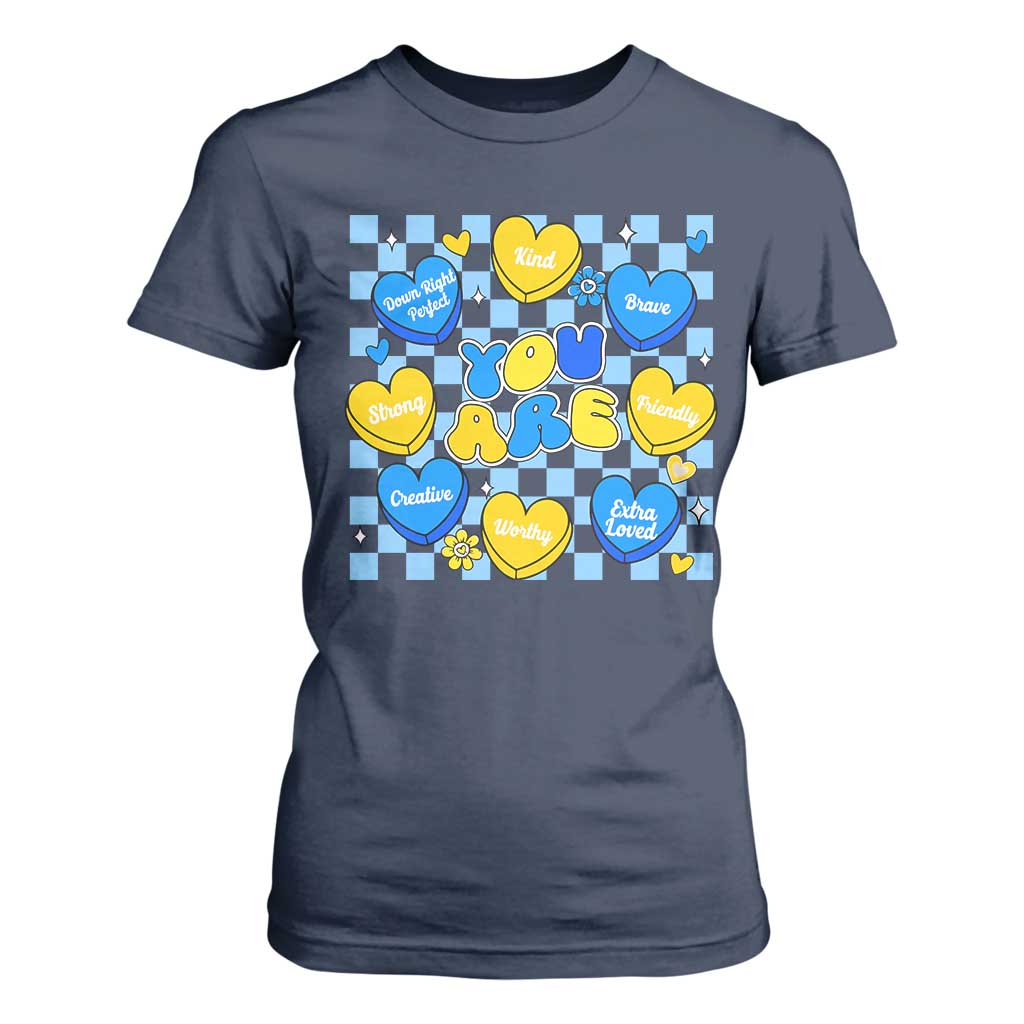 World Down Syndrome Day T Shirt For Women Blue Yellow Ribbon Retro Heart Love TS10 Navy Print Your Wear