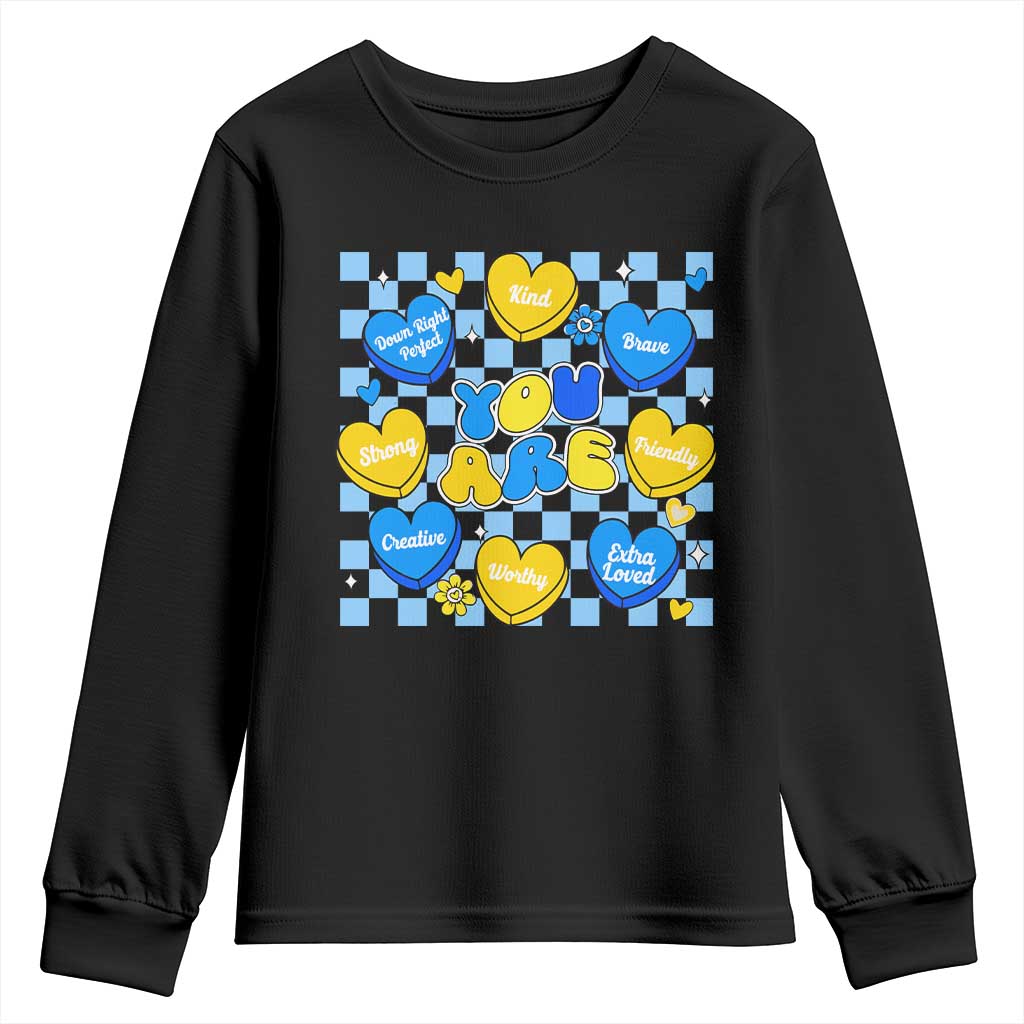 World Down Syndrome Day Youth Sweatshirt Blue Yellow Ribbon Retro Heart Love TS10 Black Print Your Wear