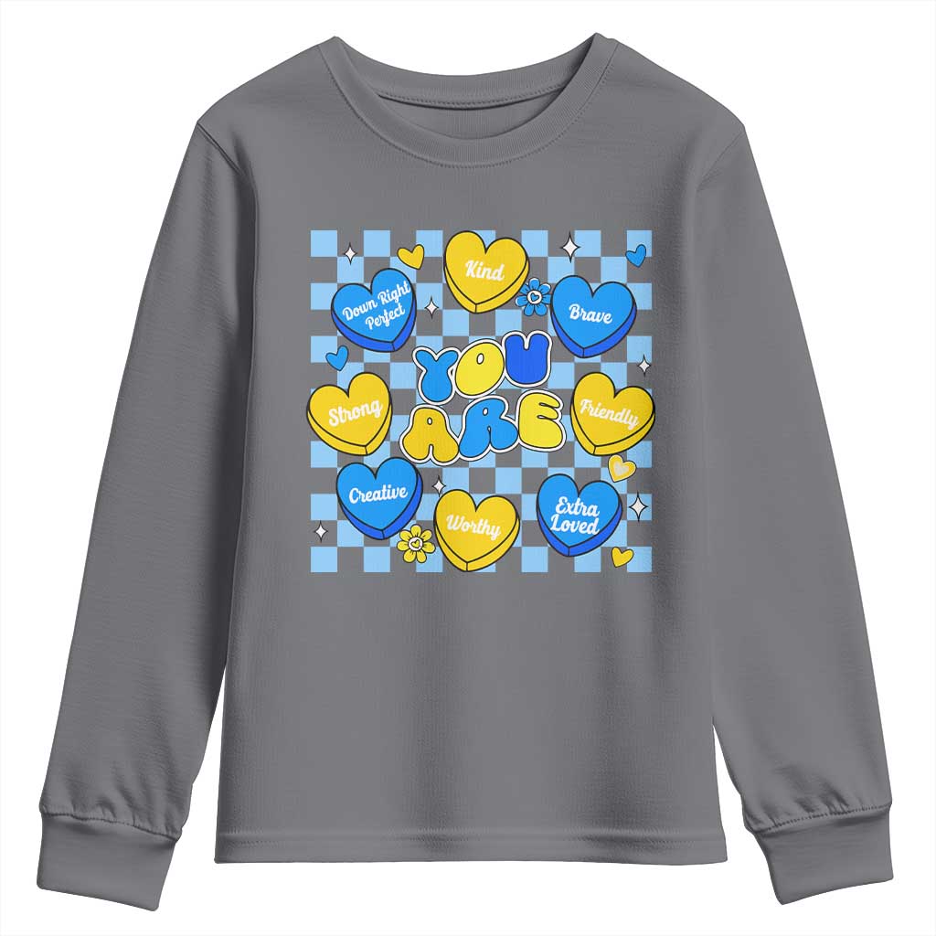 World Down Syndrome Day Youth Sweatshirt Blue Yellow Ribbon Retro Heart Love TS10 Charcoal Print Your Wear