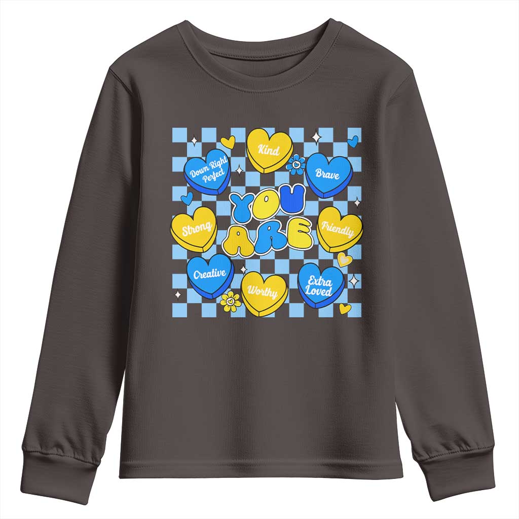 World Down Syndrome Day Youth Sweatshirt Blue Yellow Ribbon Retro Heart Love TS10 Dark Chocolate Print Your Wear