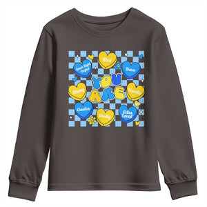 World Down Syndrome Day Youth Sweatshirt Blue Yellow Ribbon Retro Heart Love TS10 Dark Chocolate Print Your Wear