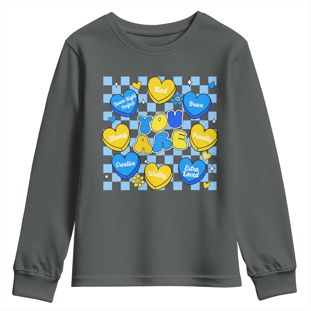 World Down Syndrome Day Youth Sweatshirt Blue Yellow Ribbon Retro Heart Love TS10 Dark Heather Print Your Wear