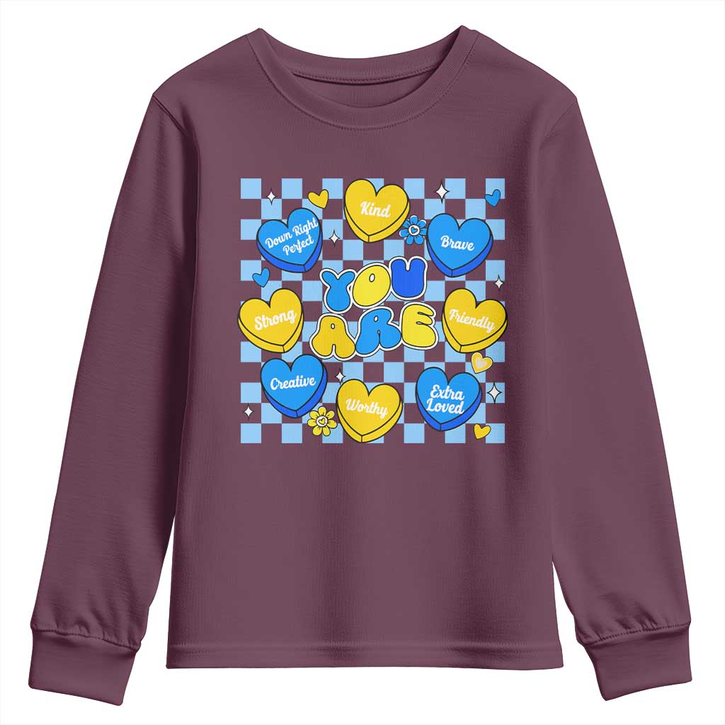 World Down Syndrome Day Youth Sweatshirt Blue Yellow Ribbon Retro Heart Love TS10 Maroon Print Your Wear