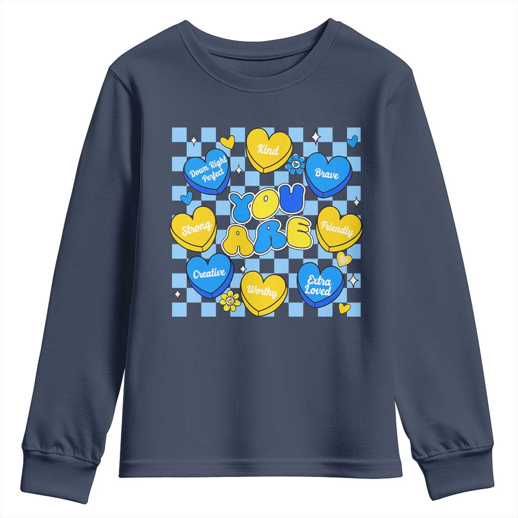 World Down Syndrome Day Youth Sweatshirt Blue Yellow Ribbon Retro Heart Love TS10 Navy Print Your Wear