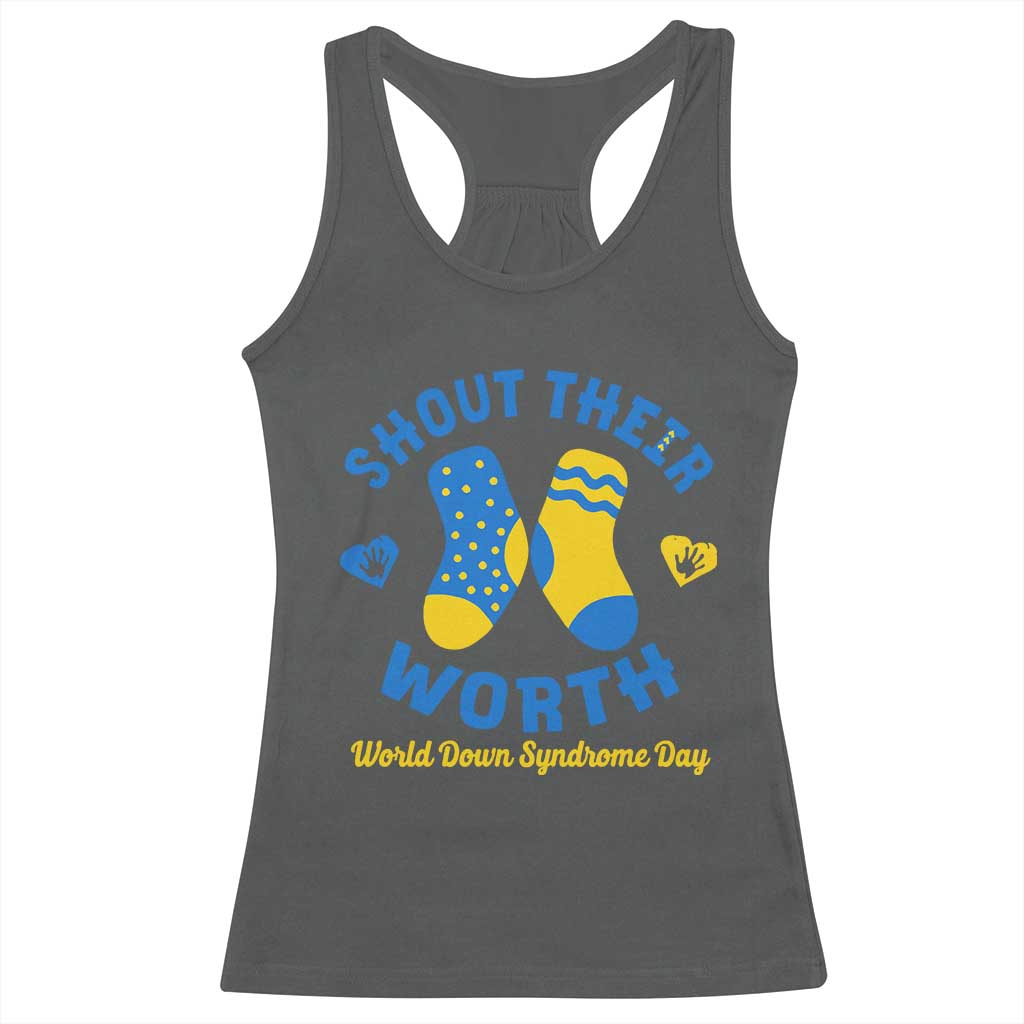 World Down Syndrome Day Racerback Tank Top 321 Awareness Support Shout Their Worth TS10 Dark Heather Print Your Wear