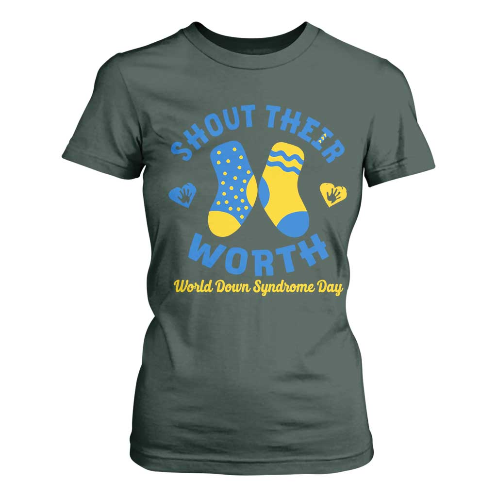 World Down Syndrome Day T Shirt For Women 321 Awareness Support Shout Their Worth TS10 Dark Forest Green Print Your Wear