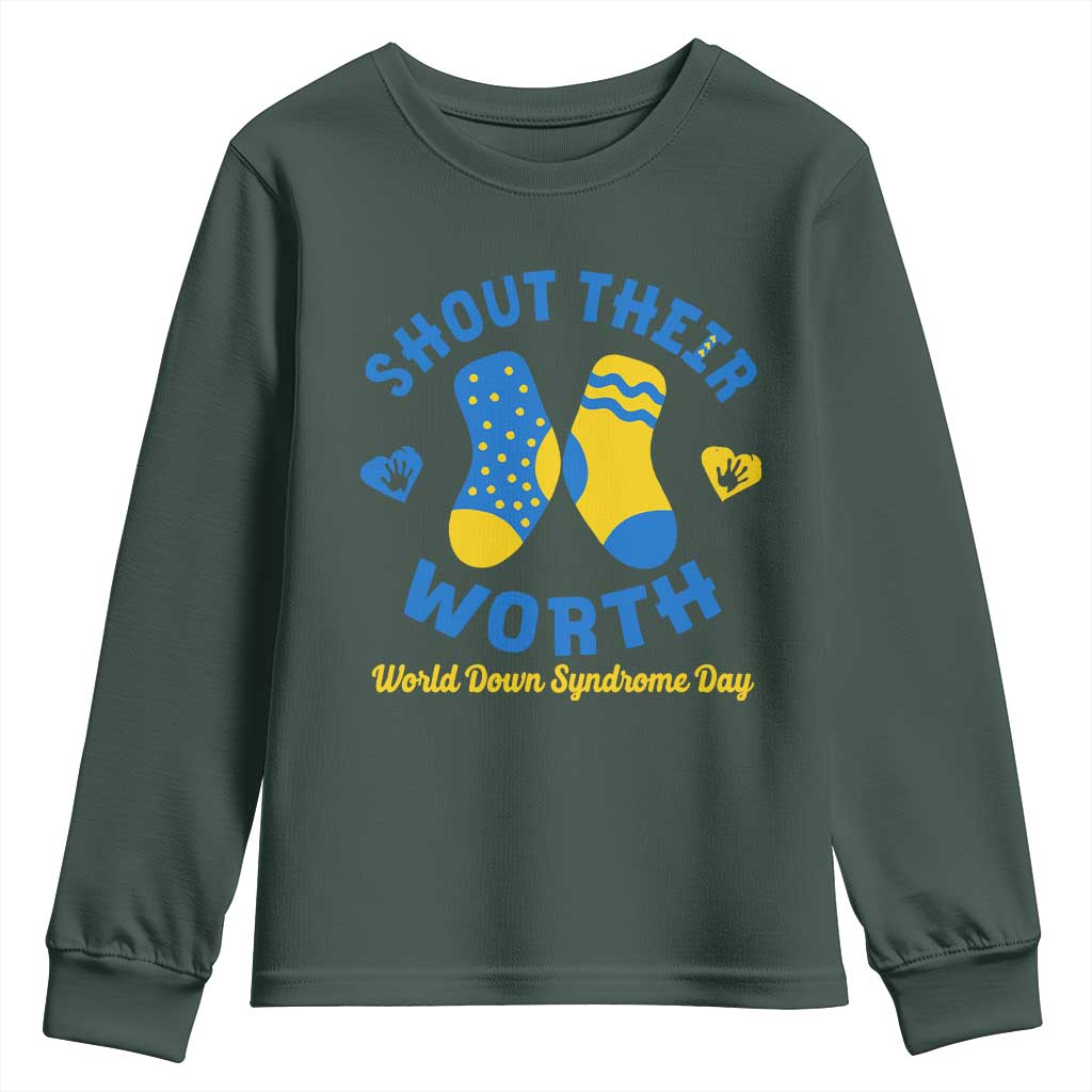 World Down Syndrome Day Youth Sweatshirt 321 Awareness Support Shout Their Worth TS10 Dark Forest Green Print Your Wear