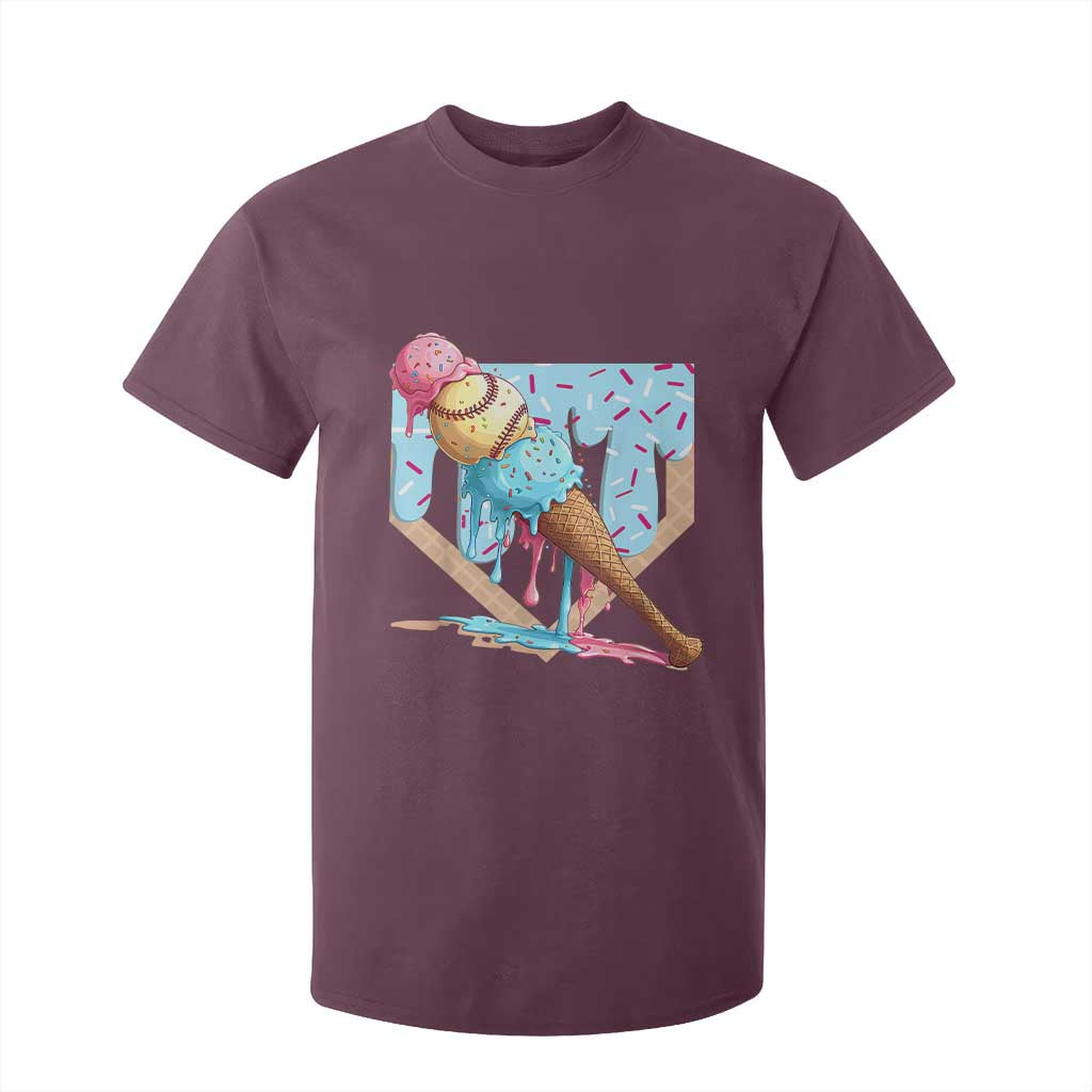 Baseball Ice Cream Dripping T Shirt For Kid Baseball Bat Home Plate Drip TS10 Maroon Print Your Wear