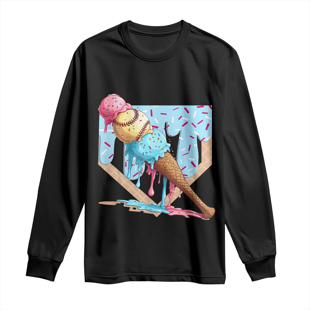 Baseball Ice Cream Dripping Long Sleeve Shirt Baseball Bat Home Plate Drip TS10 Black Print Your Wear