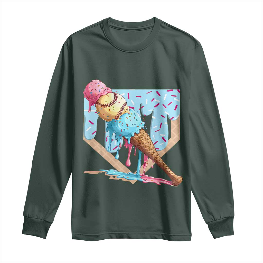 Baseball Ice Cream Dripping Long Sleeve Shirt Baseball Bat Home Plate Drip TS10 Dark Forest Green Print Your Wear