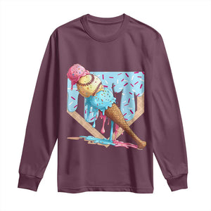 Baseball Ice Cream Dripping Long Sleeve Shirt Baseball Bat Home Plate Drip TS10 Maroon Print Your Wear