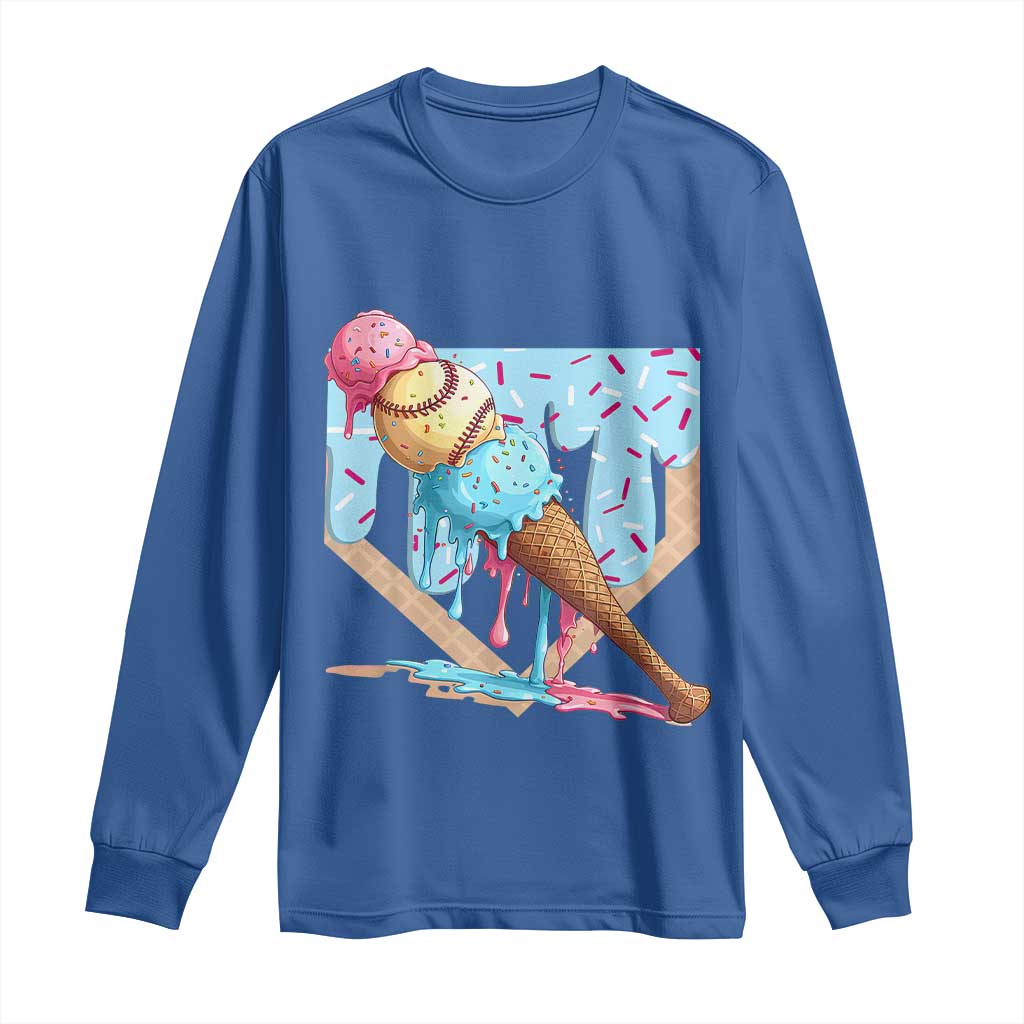Baseball Ice Cream Dripping Long Sleeve Shirt Baseball Bat Home Plate Drip TS10 Royal Blue Print Your Wear