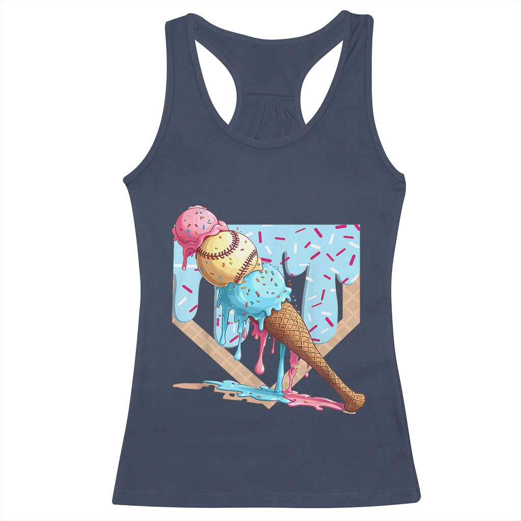 Baseball Ice Cream Dripping Racerback Tank Top Baseball Bat Home Plate Drip TS10 Navy Print Your Wear