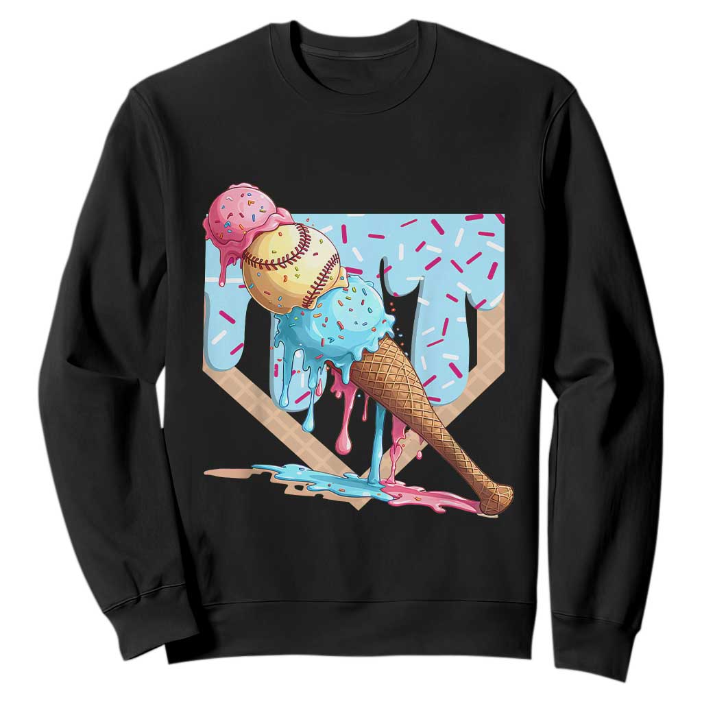 Baseball Ice Cream Dripping Sweatshirt Baseball Bat Home Plate Drip TS10 Black Print Your Wear