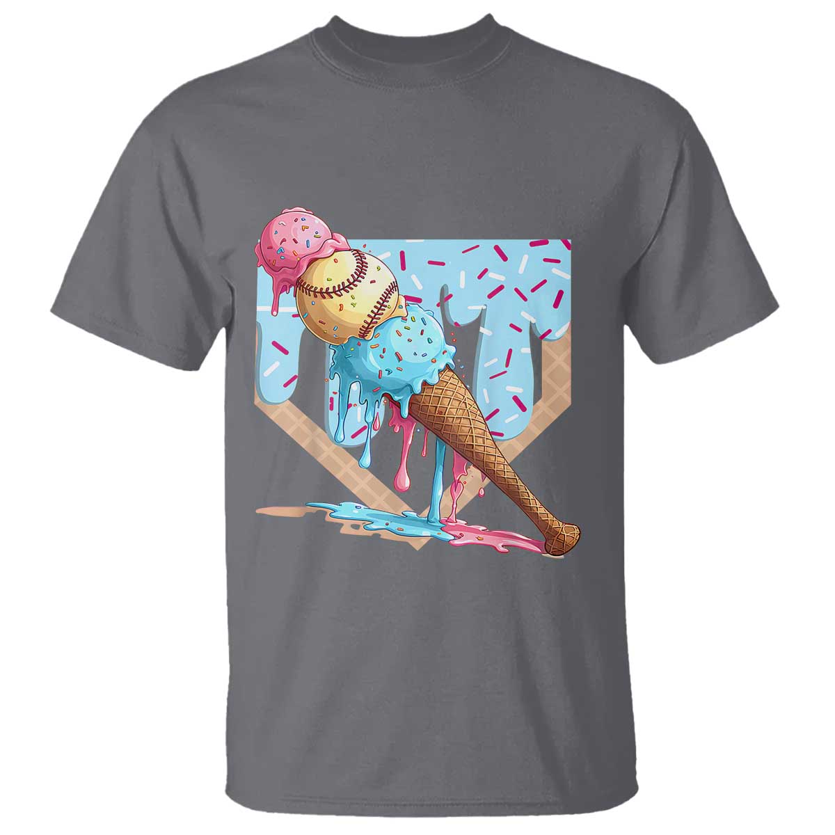 Baseball Ice Cream Dripping T Shirt Baseball Bat Home Plate Drip TS10 Charcoal Print Your Wear