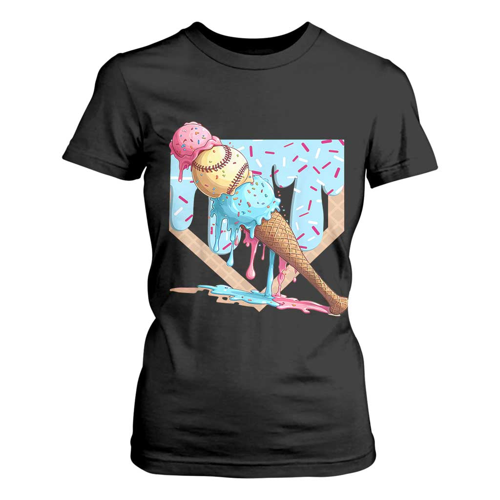 Baseball Ice Cream Dripping T Shirt For Women Baseball Bat Home Plate Drip TS10 Black Print Your Wear