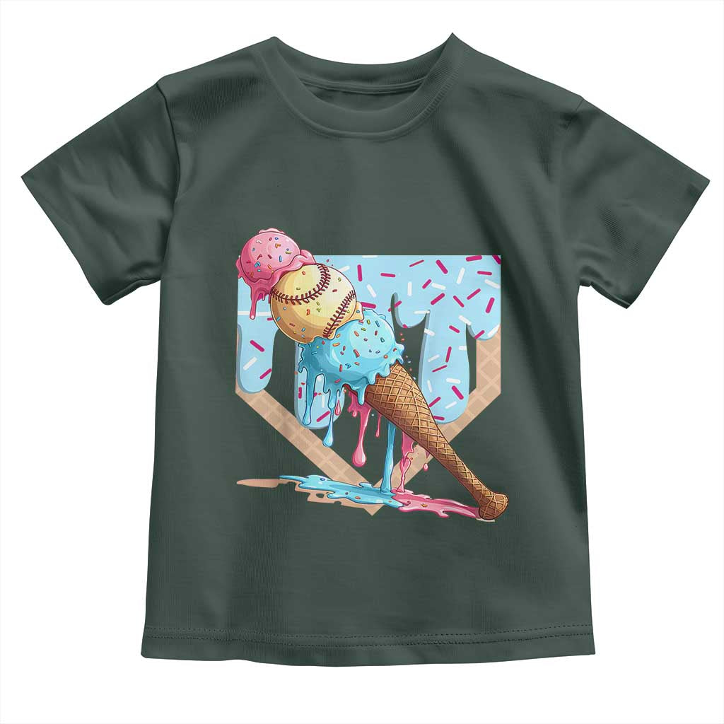 Baseball Ice Cream Dripping Toddler T Shirt Baseball Bat Home Plate Drip TS10 Dark Forest Green Print Your Wear