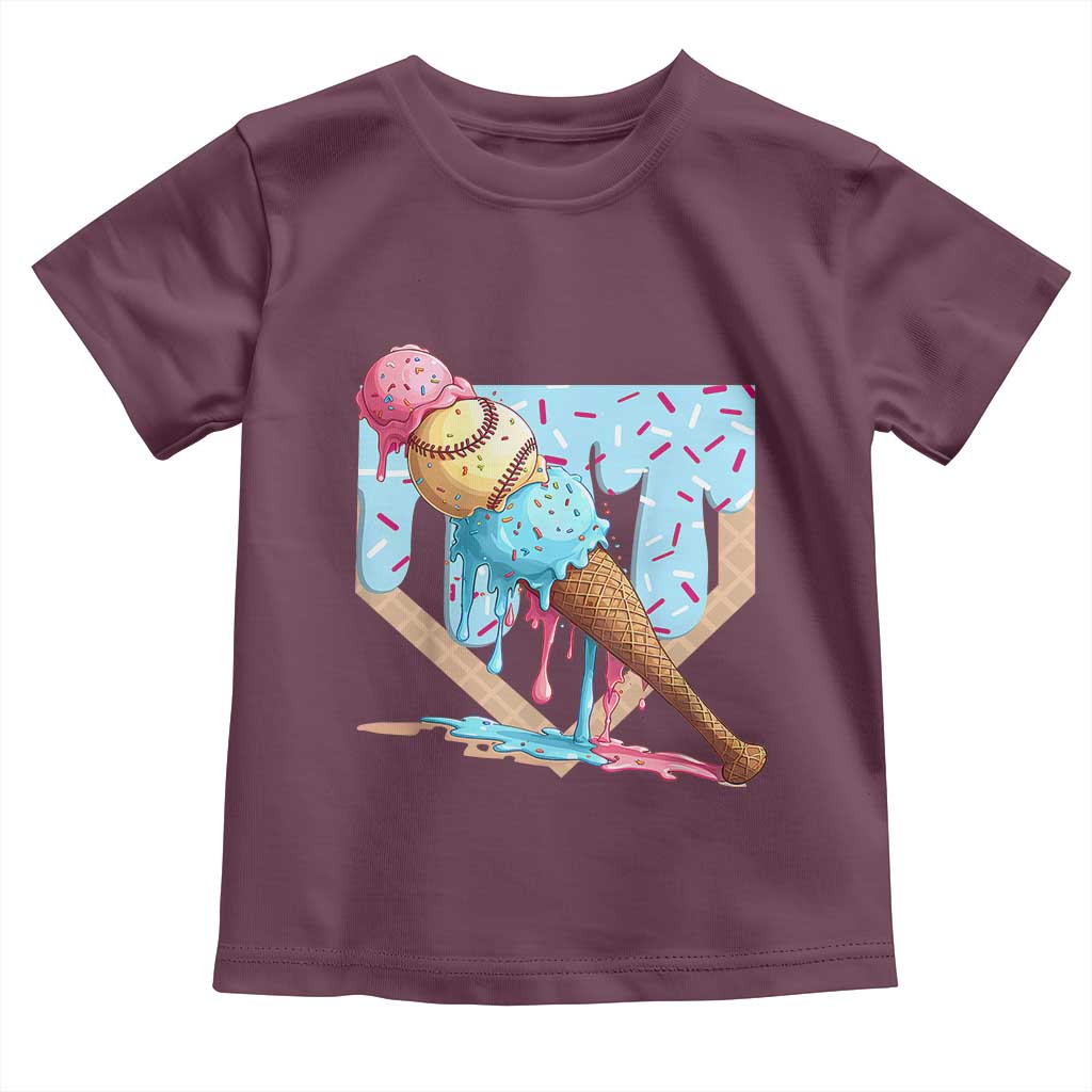 Baseball Ice Cream Dripping Toddler T Shirt Baseball Bat Home Plate Drip TS10 Maroon Print Your Wear