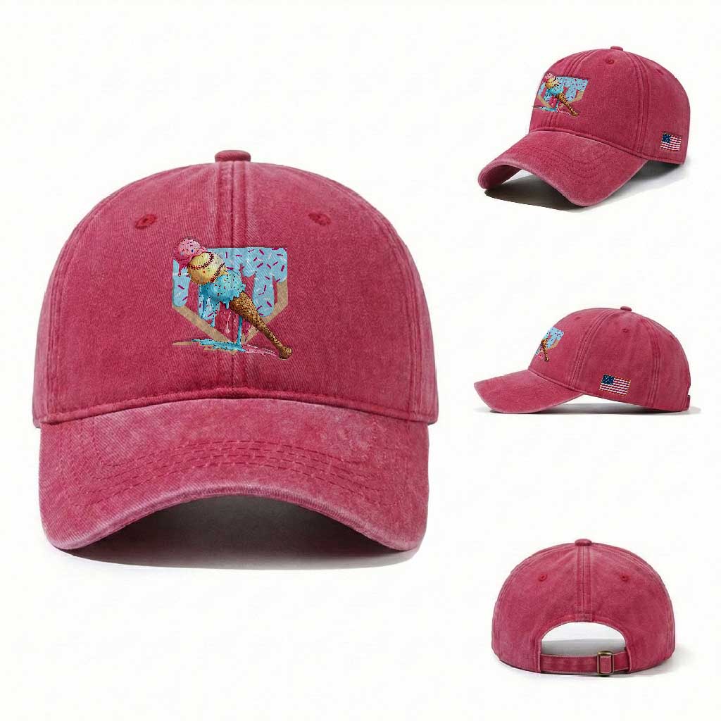 Baseball Ice Cream Dripping Washed Cotton Baseball Cap Baseball Bat Home Plate Drip TS10 Washed Cap Universal Fit Red Print Your Wear