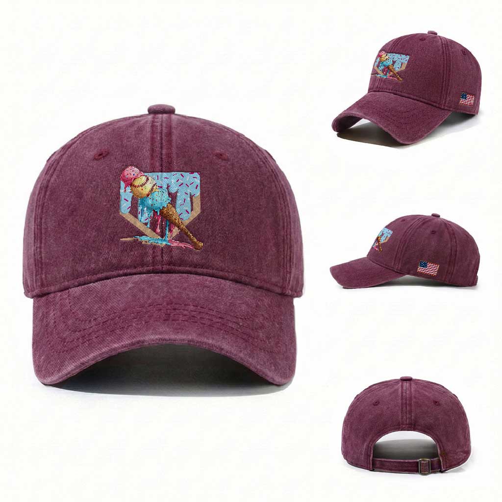Baseball Ice Cream Dripping Washed Cotton Baseball Cap Baseball Bat Home Plate Drip TS10 Washed Cap Universal Fit Burgundy Print Your Wear