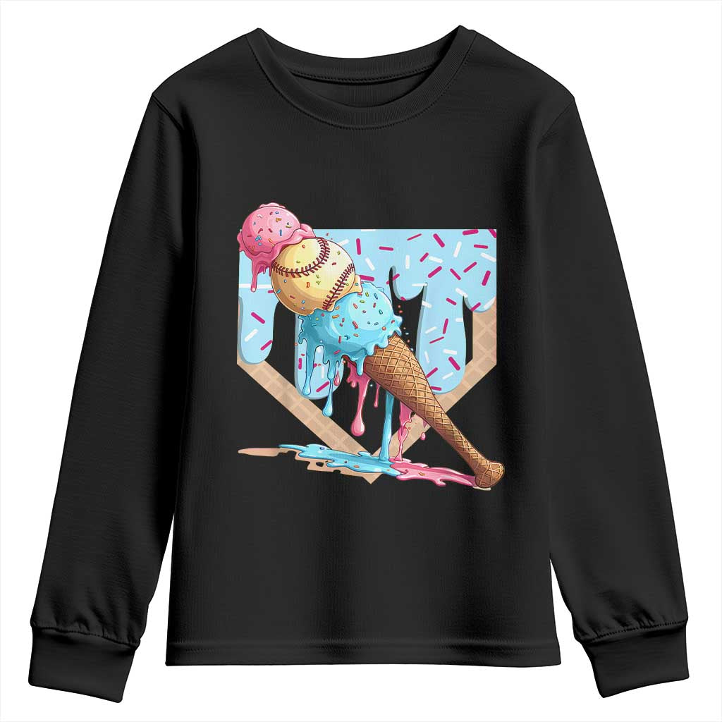 Baseball Ice Cream Dripping Youth Sweatshirt Baseball Bat Home Plate Drip TS10 Black Print Your Wear