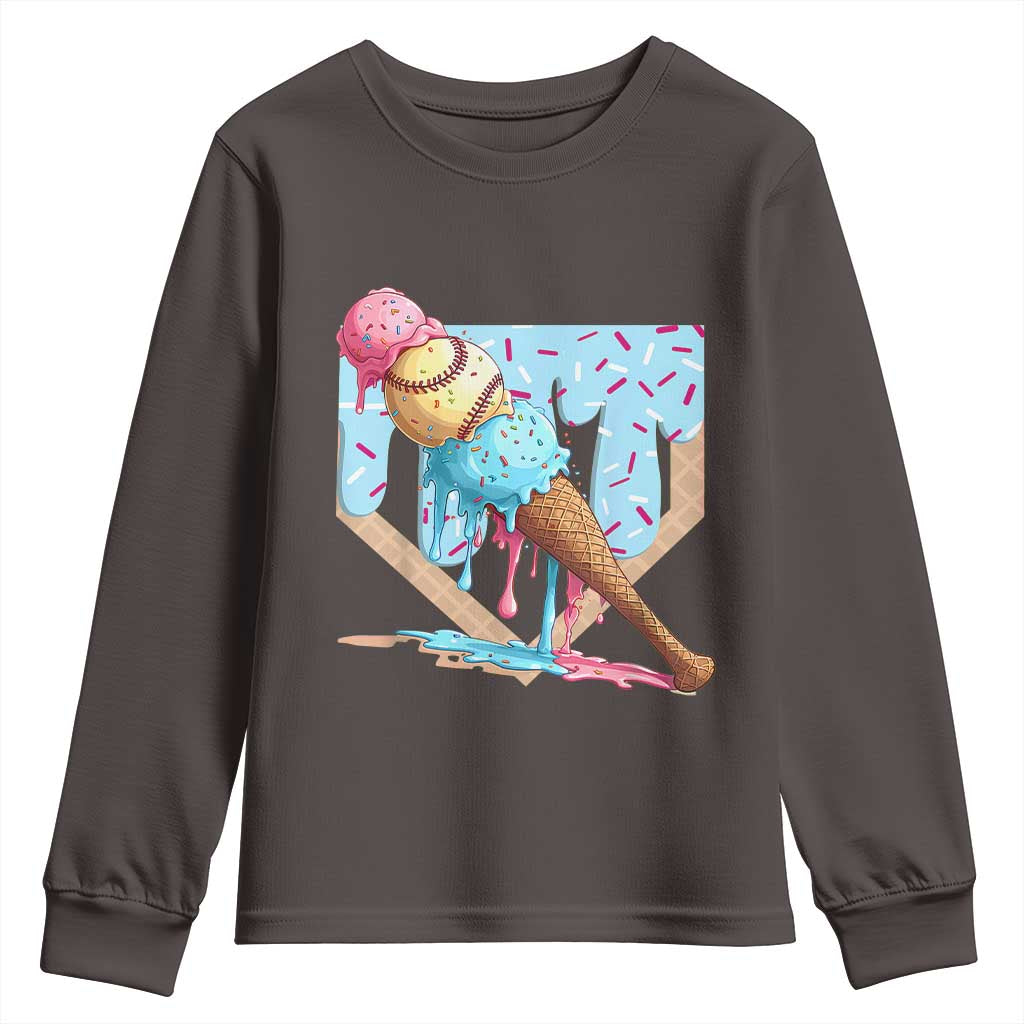 Baseball Ice Cream Dripping Youth Sweatshirt Baseball Bat Home Plate Drip TS10 Dark Chocolate Print Your Wear