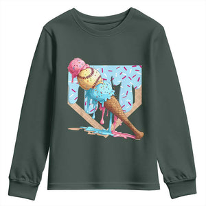Baseball Ice Cream Dripping Youth Sweatshirt Baseball Bat Home Plate Drip TS10 Dark Forest Green Print Your Wear