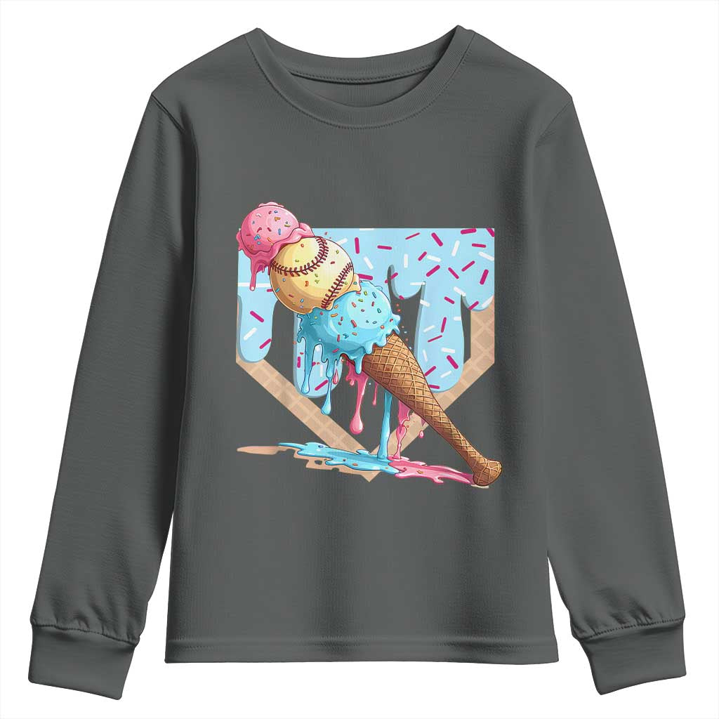 Baseball Ice Cream Dripping Youth Sweatshirt Baseball Bat Home Plate Drip TS10 Dark Heather Print Your Wear
