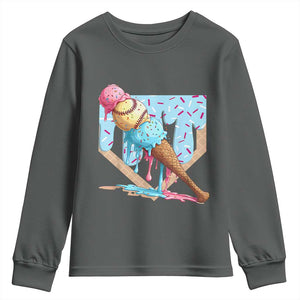 Baseball Ice Cream Dripping Youth Sweatshirt Baseball Bat Home Plate Drip TS10 Dark Heather Print Your Wear
