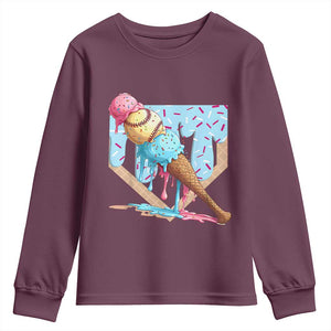 Baseball Ice Cream Dripping Youth Sweatshirt Baseball Bat Home Plate Drip TS10 Maroon Print Your Wear
