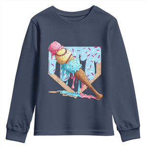 Baseball Ice Cream Dripping Youth Sweatshirt Baseball Bat Home Plate Drip TS10 Navy Print Your Wear