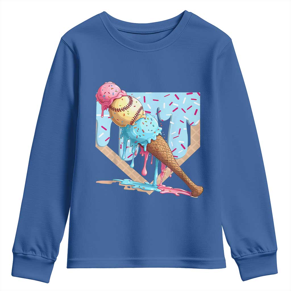Baseball Ice Cream Dripping Youth Sweatshirt Baseball Bat Home Plate Drip TS10 Royal Blue Print Your Wear