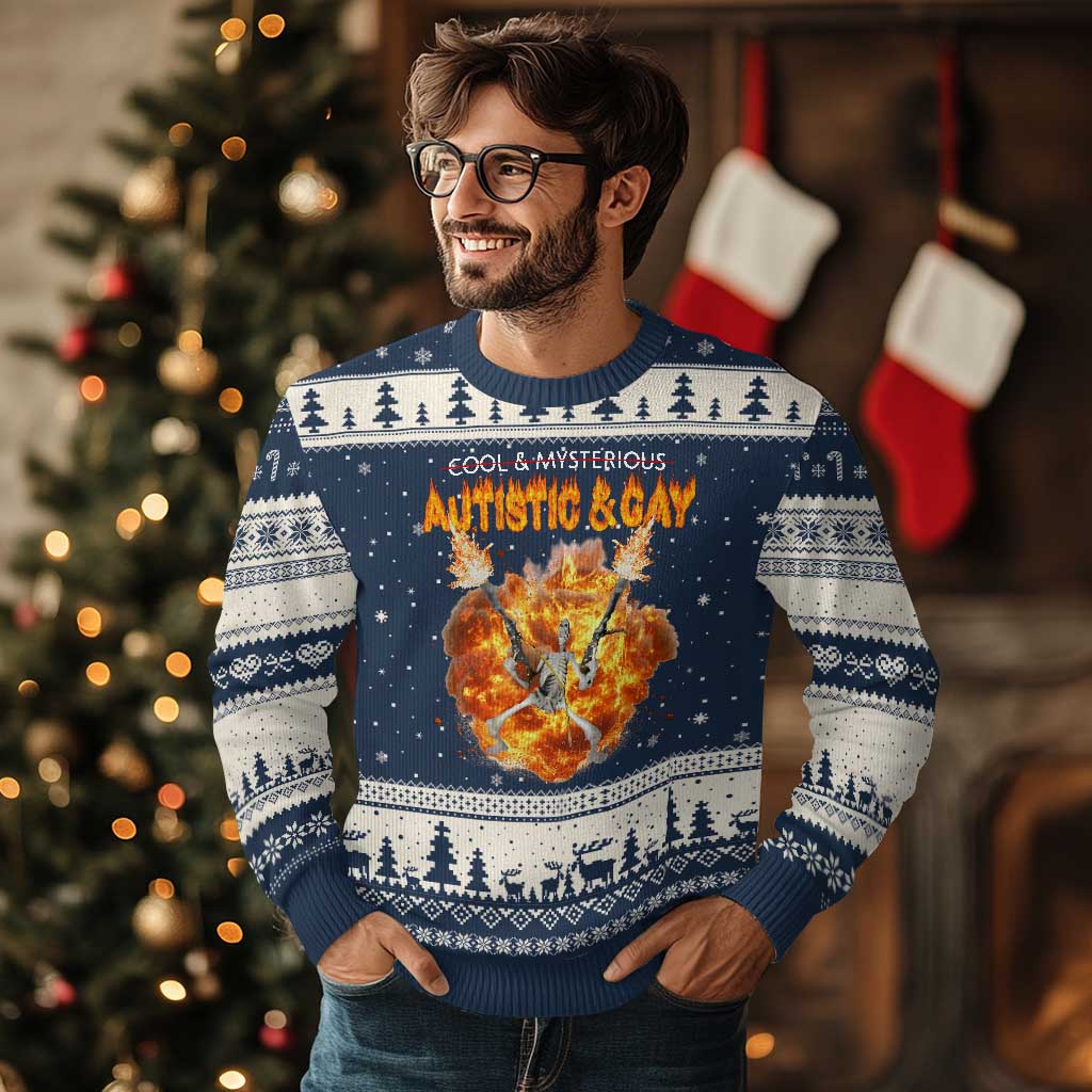 Autistic And Gay Skeleton Explosion Ugly Christmas Sweater TS10 Navy Beige Print Your Wear