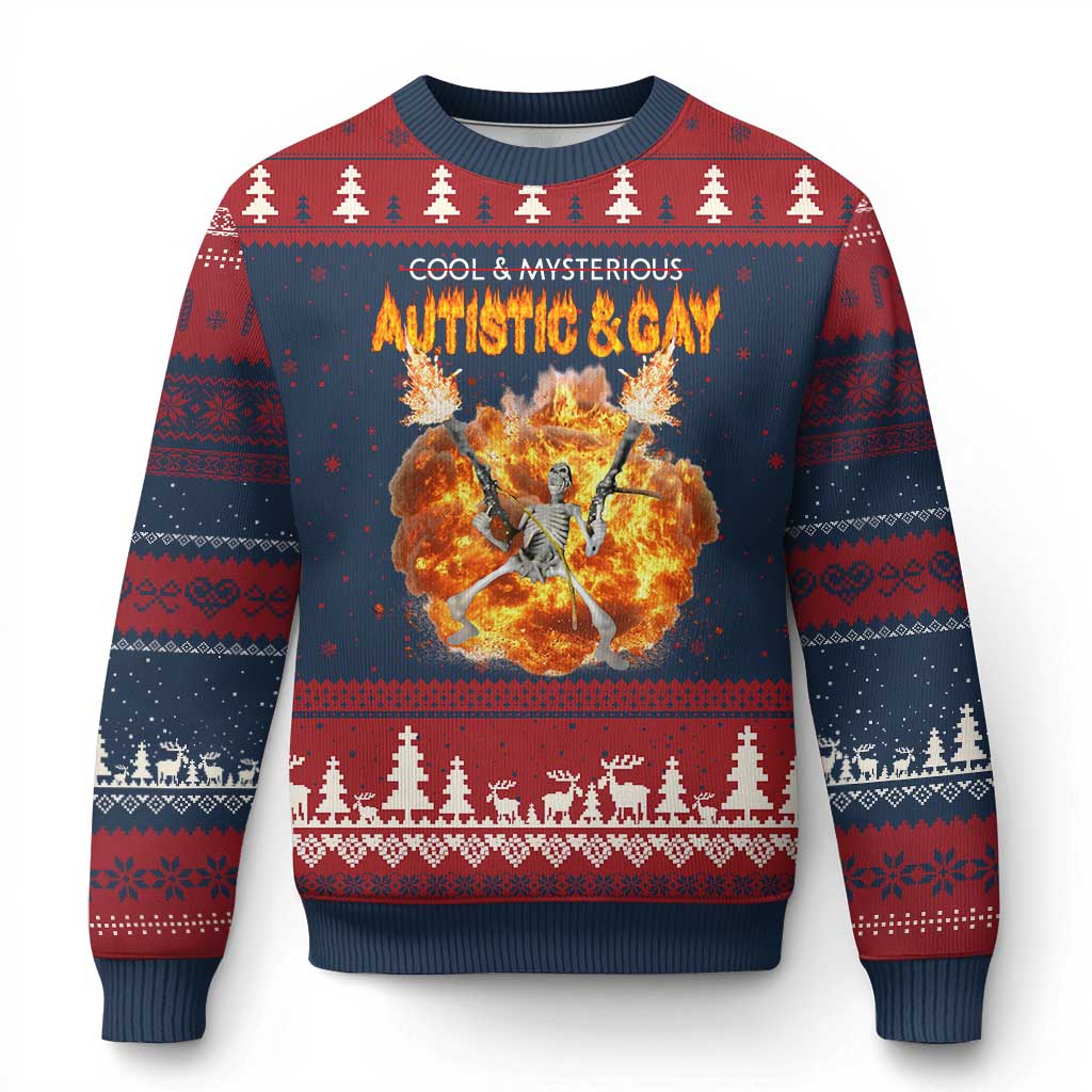 Autistic And Gay Skeleton Explosion Ugly Christmas Sweater TS10 Navy Red Print Your Wear