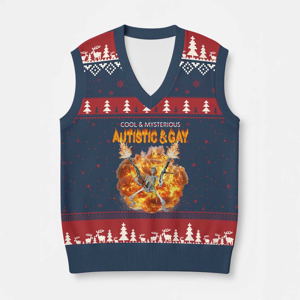 Autistic And Gay Skeleton Explosion V-Neck Knit Sweater Vest TS10 Navy Red Print Your Wear