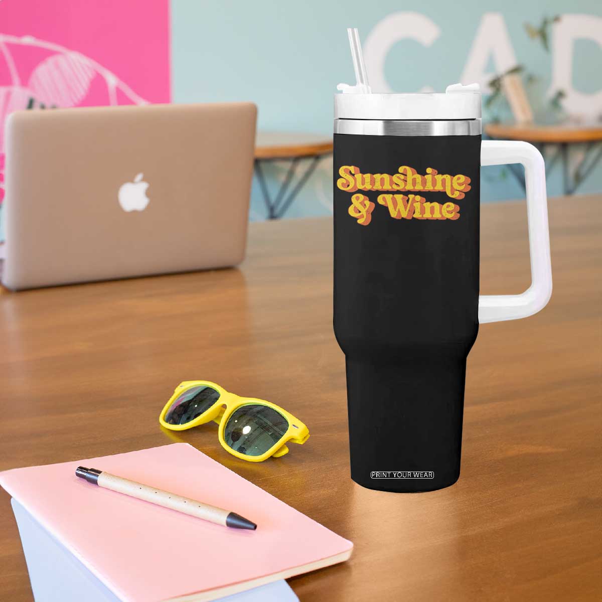 Funny Drinking Tumbler With Handle Sunshine & Wine Retro Drinking Summer Vintage 70's TS10 Print Your Wear